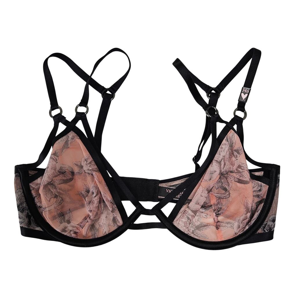 NEW Victoria's Secret Very Sexy Unlined‎ Plunge Floral Mesh Bra 34D Pink Black